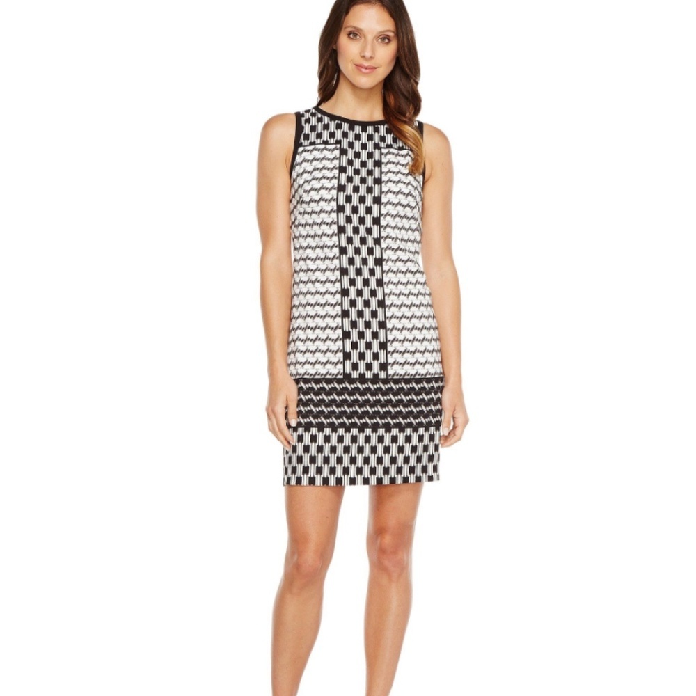 London Times Women's Black and White Printed Sleeveless Shift Dress